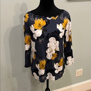 Ann Taylor Dark Blue Blouse with Yellow and White Floral Design